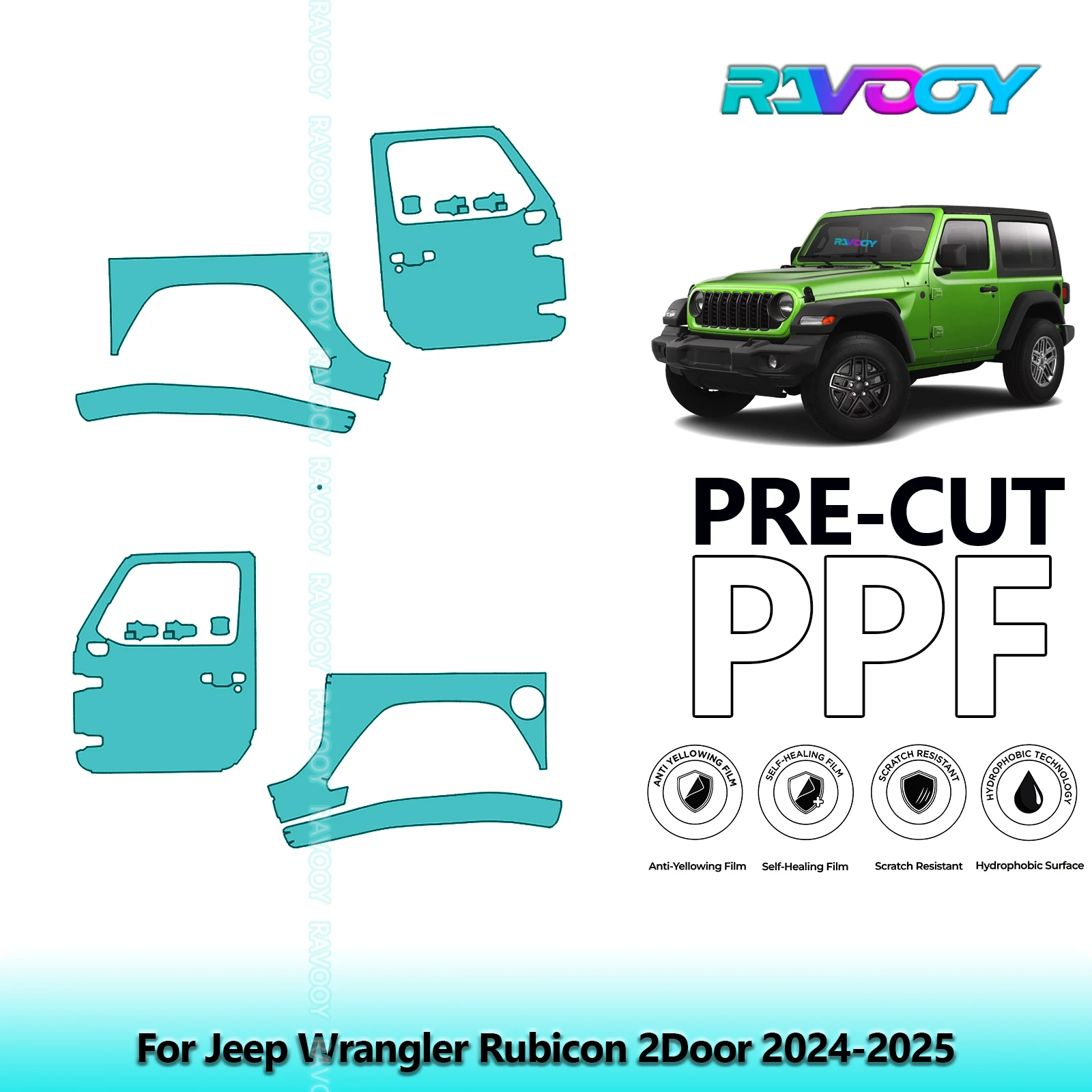 

For Jeep Wrangler Rubicon 2Door 2024-2025 8.5mil Clear Matte Pre-Cut PPF Door & A/B Pillar Kit TPU Paint Protection Film Set