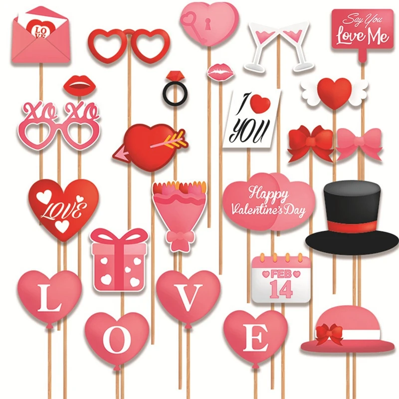 25 Piece Valentine's Day Photo Booth Props Decor Valentines Day Decorations Pink