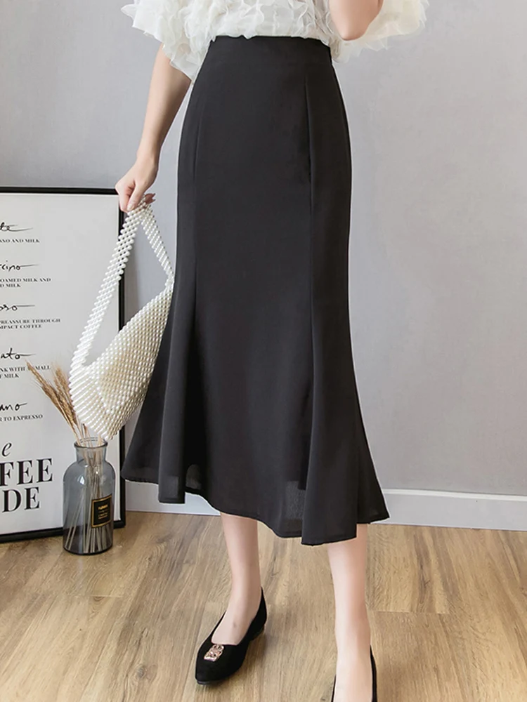 Fish Tail Skirt Slim Fit Slimming 2024 Summer New Chiffon Women\'s Korean Mid Length Bag Hip Skirt A-line High Waist Long Skirts