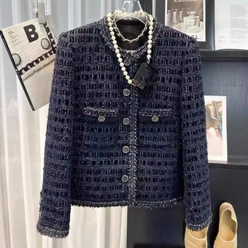 

Navy Blue Women's jacket autumn/winter one piece classic jacket coarse tweed, small fragrant, socialite light luxury top