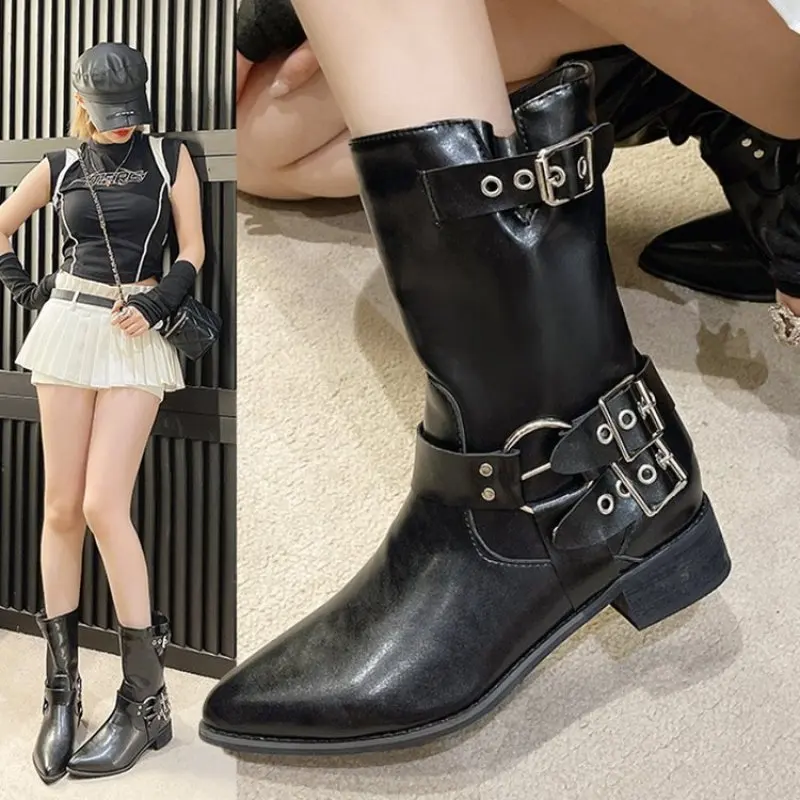 

Platform Combat Cusp Boots Zip Chuny Heel Buckle Vintage Fashion Casual Luxury Designer Western Mid Calf Boots Shoes Woman New