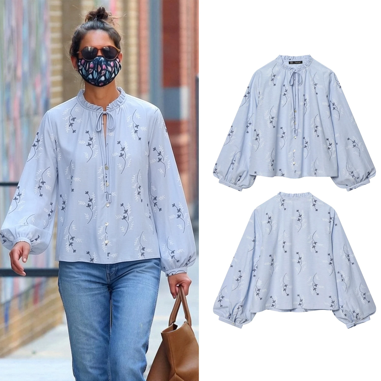 

Women's Blue Shirts Spring Female Chic Embroidered Print Long-Sleeve Single-Breasted Loose Shirt Lady Casual Lace-Up Blouse Tops