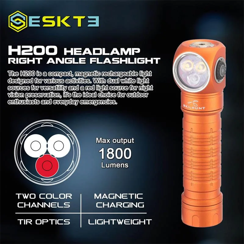 SKILHUNT H200 Multi-Purposes 3-LED Sources Flashlight / Healamp with Headband,1800/1250 Lumen,Available in Cool White / High CRI
