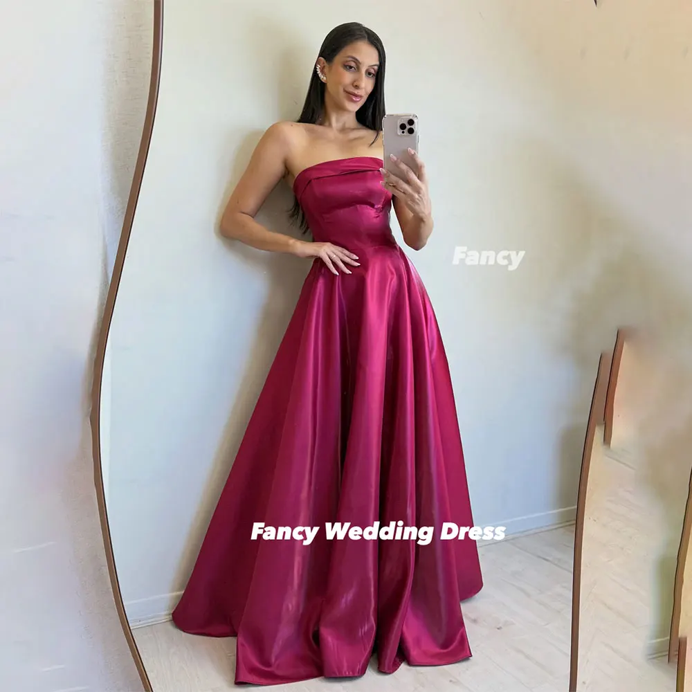

Fancy Sexy Red Strapless Wedding Party Engagement Dresses A Line Soft Satin Prom Gown Sleeveless Back Corset Customized