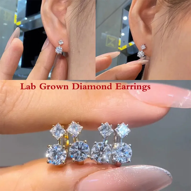 0.5ct Each Round Cut & 0.2ct 0.4ctw Each Princess Cut CVD HPHT Lab Grown Diamond Hoop Earring Women Wedding Party Jewelry