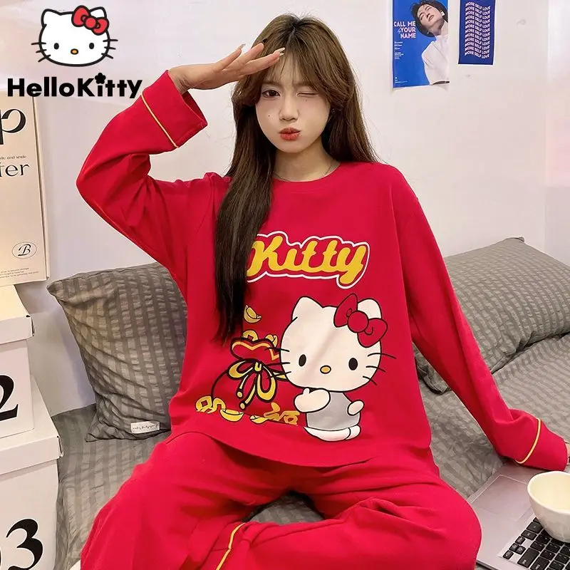 Sanrio Hello Kitty New Fashion Red Pajamas Suit Long Sleeve Cotton Top Shirts Pants 2 Piece Set For Women Y2k Cute Home Clothes