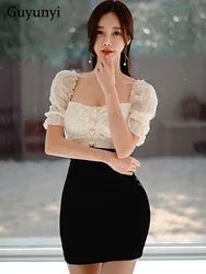 Elegant Office Lady Dress Summer Lace Square Neck Single Breasted Puff Sleeves High Waist Pencil Splicing Mini Dress Women