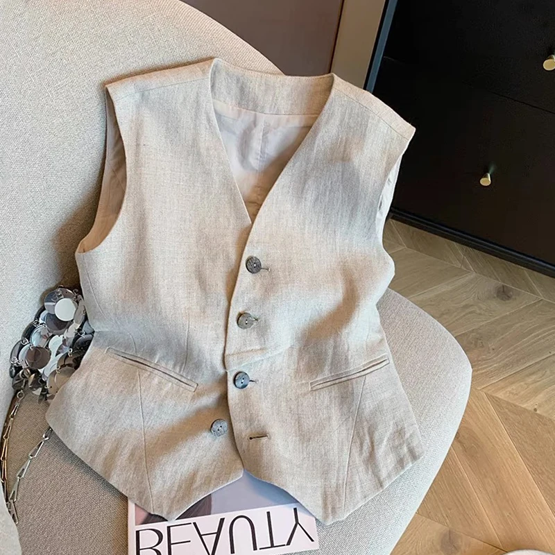 

French Style Linen Crop Vest Women's Summer 2025 Waist-Defining Chic V-neck Sleeveless Blazer Outerwear Waistcoat Female Clothes