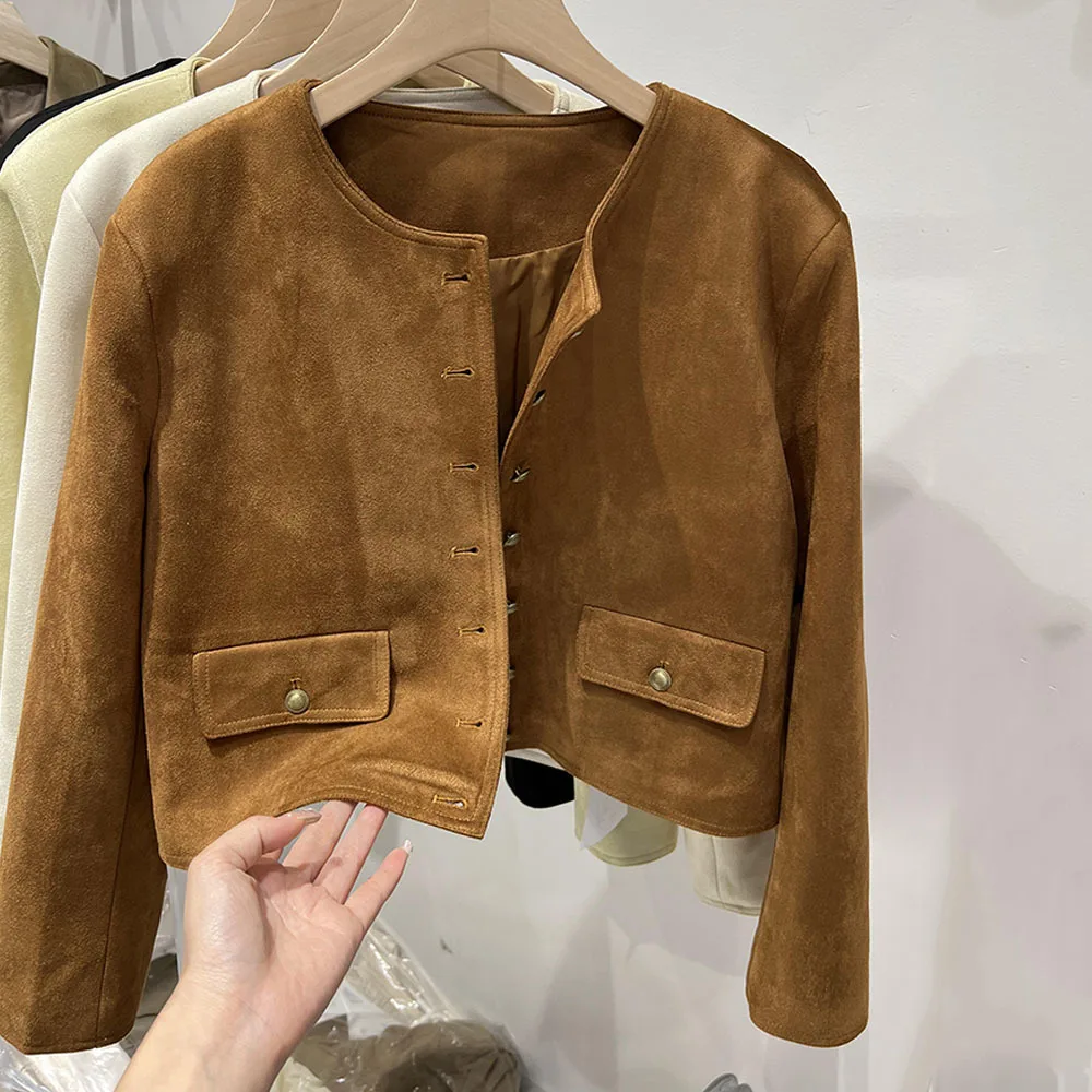 Chaqueta corta de ante para mujer, abrigo francés con cuello redondo, Tops informales de Color liso, prendas de vestir de primavera y otoño, 2024