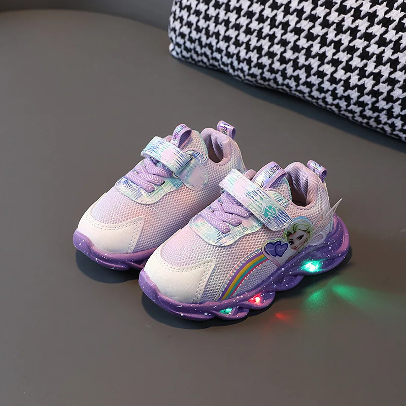 Girls\' Shoes Led Lights Autumn Mesh Breathable casual Shoes sneakers Frozen Leather Girls Sports Purple Pink Princess Elsa Shoes