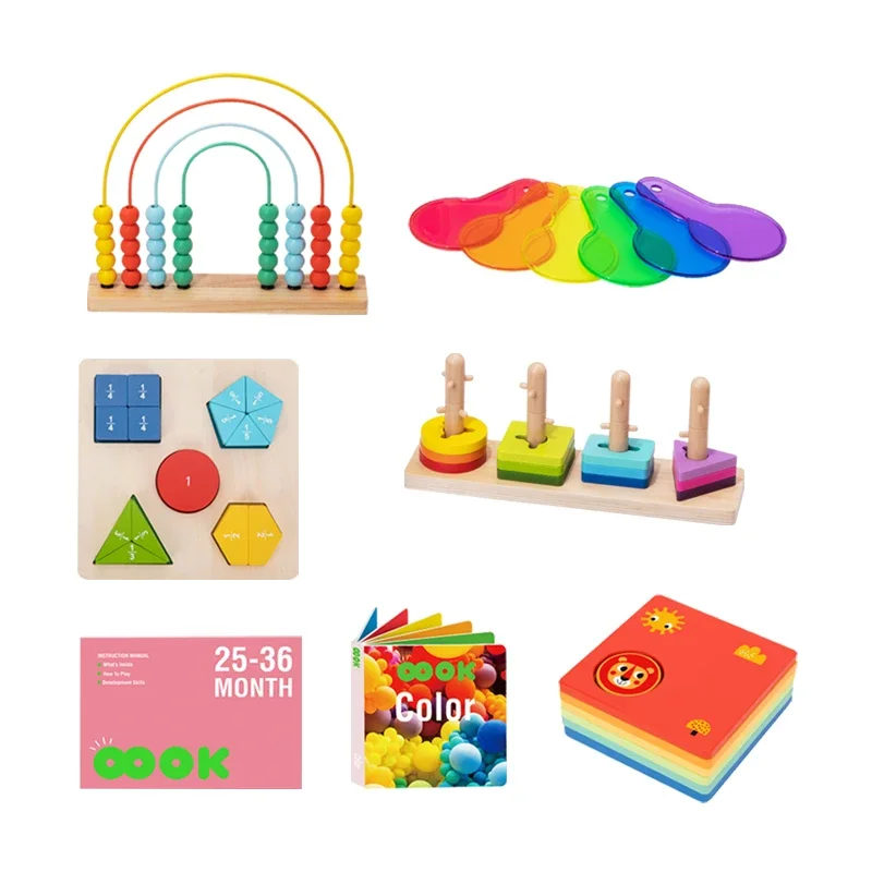 Early Educational Box Wooden Color Cognition Shape Sorter Toys Rainbow Abacus Fraction Puzzle for Kids 25-36 Months