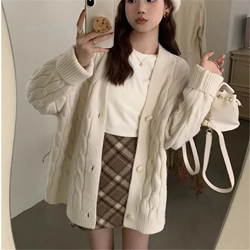 Women Sweaters Cardigan Loose Solid Screw Thread Single Breasted Elegant Long Sleeve Thick Jumpers Streetwear Office Lady