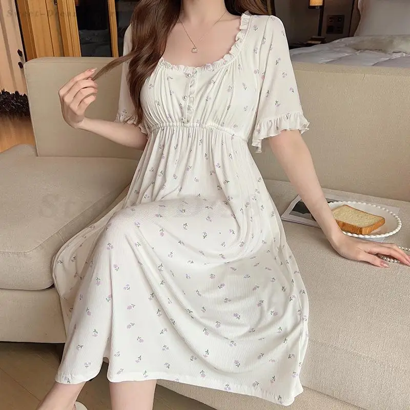 

Women Nightgown Sleepwear Elegant Square Neck Short Sleeve Nightdress Soft Home Clothing Summer Modal Nightwear Nightie Lingerie