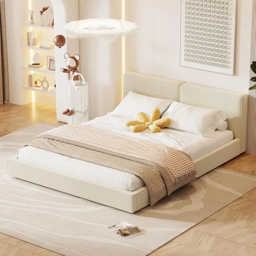

Queen Bed Frame, Modern Upholstered Bed Frame with Velvet Fabric, Grounded Bed with Solid Frame/No Box Spring Needed (Beige)