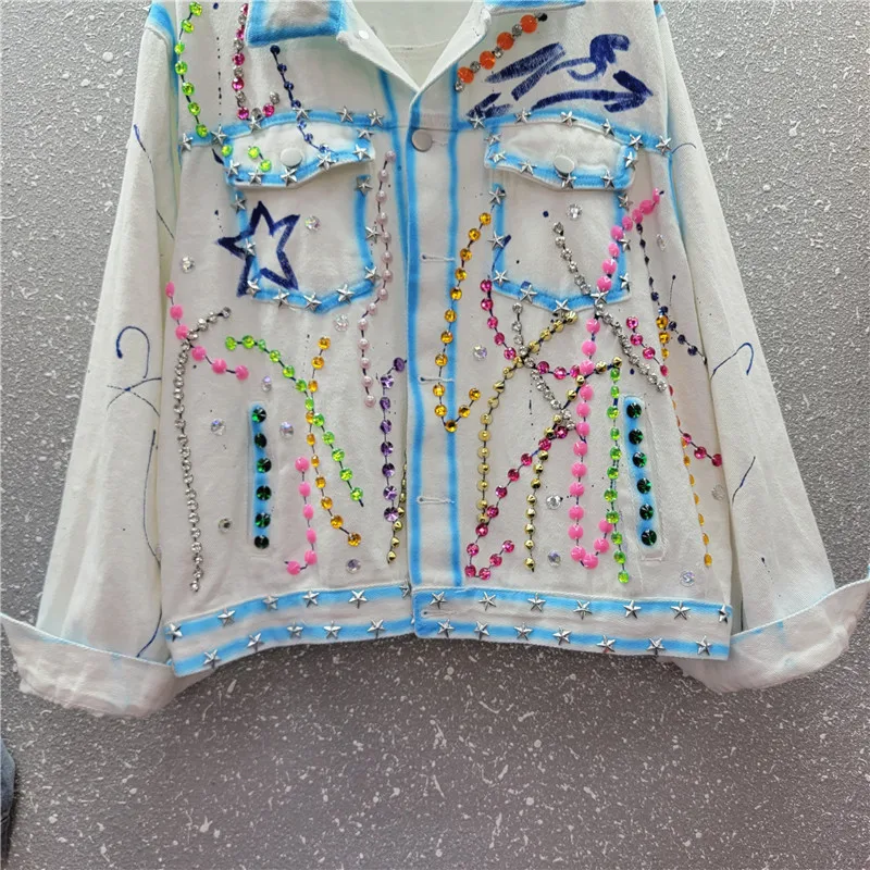 Multicolore rivetto diamanti grande tasca giacca di Jeans donna sciolto corto bianco blu capispalla Cowboy stampa Jeans giacca cappotto femminile