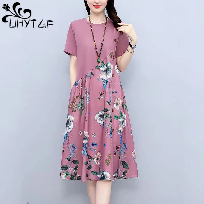 

UHYTGF Vintage Large Size Dress Women New Print Crewneck Pullover Summer Dresses Female Short Sleeves Casual Dress Vestidos 2585