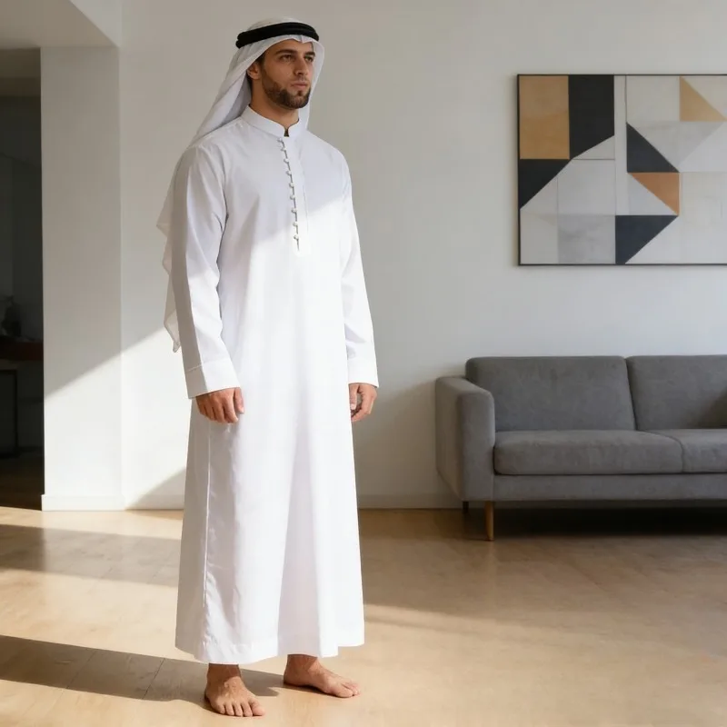 2026 رداء رجالي عربي في الشرق الأوسط فضفاض بياقة واقفة رداء جديد برقبة دائرية