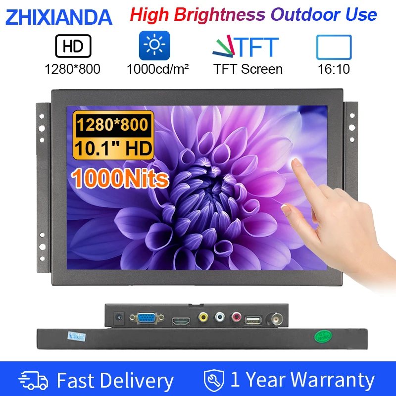 

10.1 Inch High Brightness 1000 Nits 1280x800 Outdoor Sunlight Use Industrial Touch Monitor With VGA/HDMI/USB/AV/BNC Interface