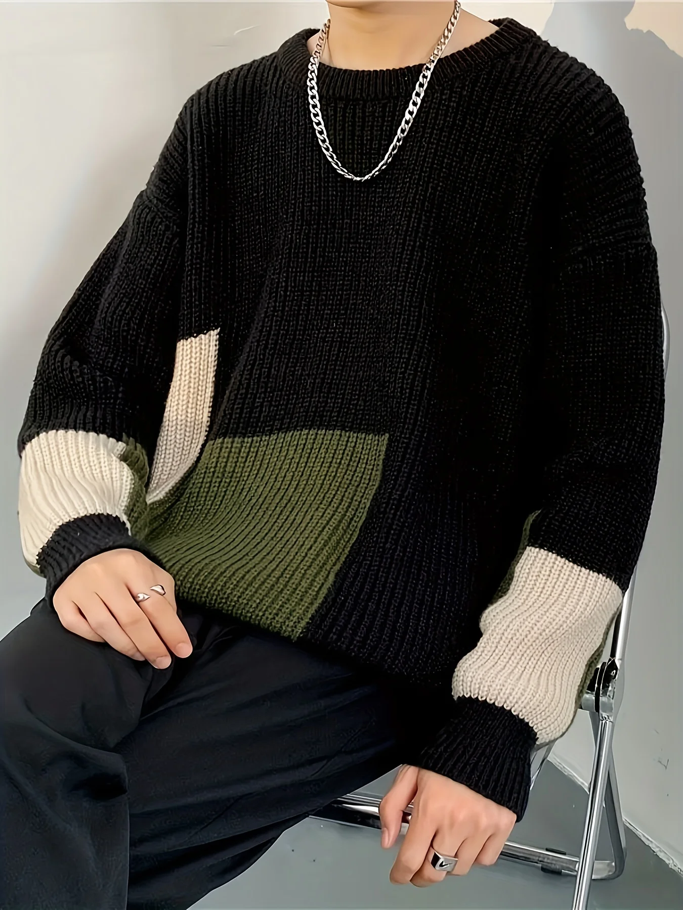 Herbst- und Winter-Retro-verdickter Pullover für Herren, fauler, lässiger, vielseitiger Rundhals-Strickpullover, farbblockierter, stilvoller Basisschichtpullover