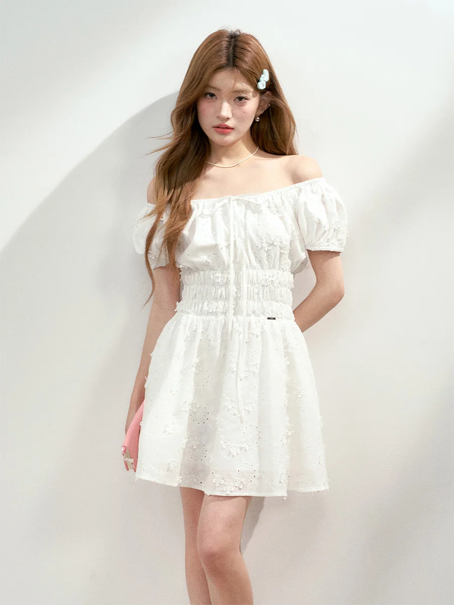 

Sweet First Love Sle A-Line Dr Women's Summer Cotton ort Sve Elastic Waist Heavy Embroidery Rope Embroidery White D...