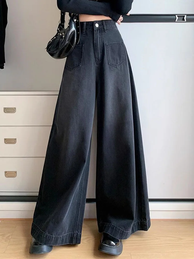 Szerokie jeansy damskie vintage z wysokim stanem, luźne spodnie dżinsowe oversize w stylu koreańskim, modne, proste, retro, vaqueros.