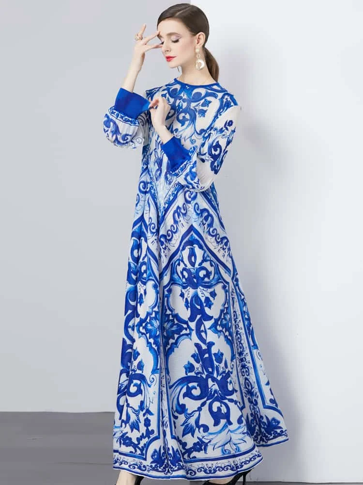 موضة مطوي فستان مُزين بطباعة للنساء س الرقبة طويلة الأكمام المرقعة 2025 ربيع ربيع الخريف جديد أنيق فساتين الحفلات النسائية