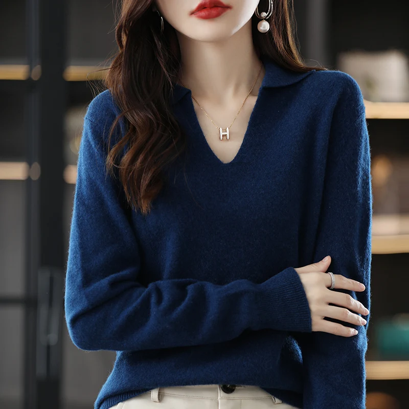 100% Wool Cashmere Sweater Women\'s 2022 Autumn And Winter New Lapel High-Grade Sweater Knitting Loose Set Head Short Top S-XXL