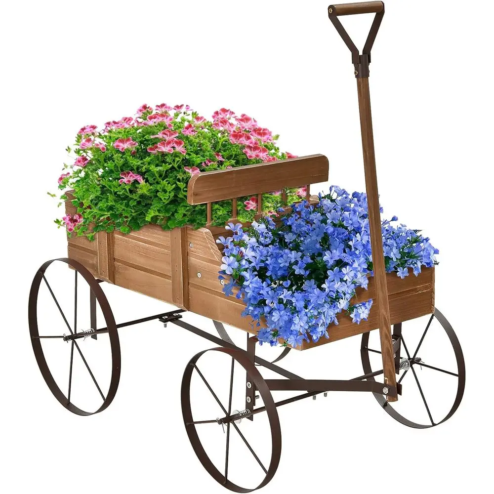 

Dual-Section Wooden Wagon Planter with Wheels for Indoor & Outdoor Use - Brown