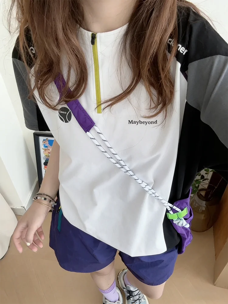 Outdoor Cycling Sun Protection T-Shirt Men Women Summer Thin American Half Zip Fitness Short Sleeve Quick Dry Badminton Uniform