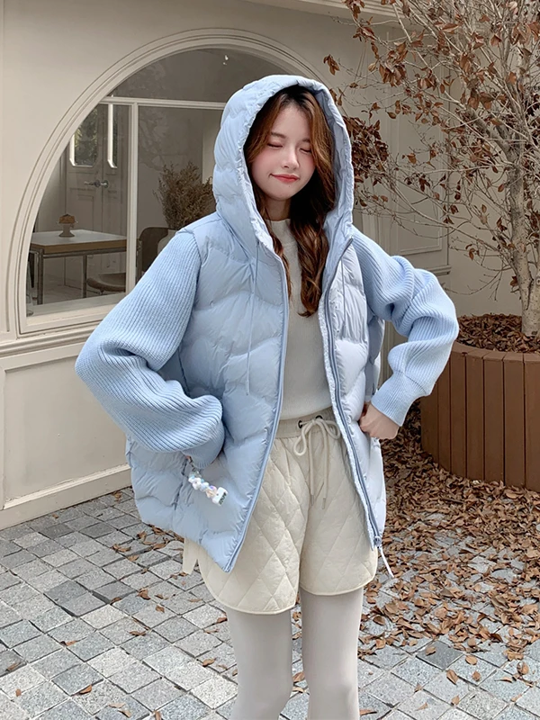 Veste d'hiver en duvet pour femme, bleu, tricotée, patchwork, design élégant, vêtements d'extérieur chauds, longue manche