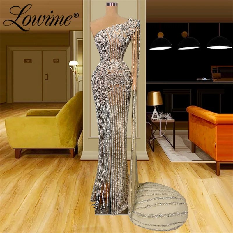 Lowime champanhe muçulmano formal vestidos de noite robe um ombro frisado cristais longo vestido de festa de casamento dubai árabe mais tamanho