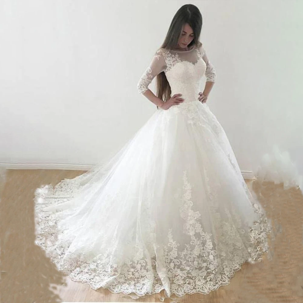 

Elegant Wedding Dresses Boat Neck Three Quarter A-Line Church Bride Dress Appliques Button Sweep Train Bridal Gown Customized