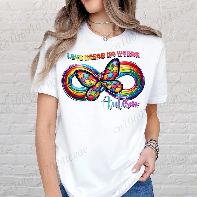 Love Needs No Words Autism Awareness Shirt T-Shirts for Women,Infinity Butterfly Rainbow Graphic Tee Shirts Autism Clothing