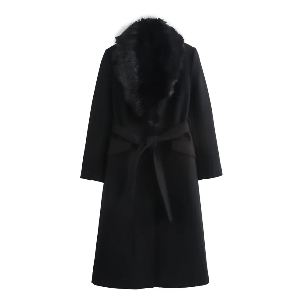 BWQ Women's Belt Warm Fur Collar Coat Flip Collar Pocket Button Decoration Autumn/Winter New Women's Wear