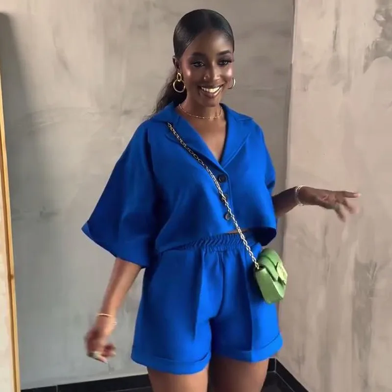 African Women 2 Piece Outfit Bright Blue Lapel Short Sleeve Cropped Shirt & Elastic Waist Shorts Casual Plus Size Matching Set