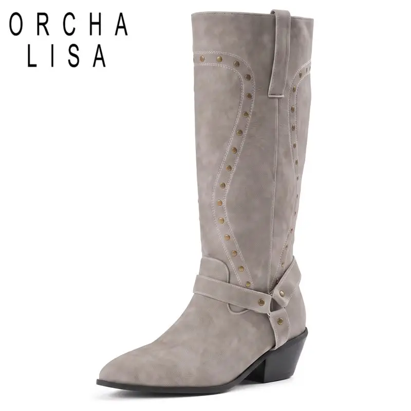 ORCHA LISA Womens Tall Long Shoes Sharp Toe 5cm Sturdy Heel Pull On Metal Studs Extended Size 47 48 49 50 Booties Red