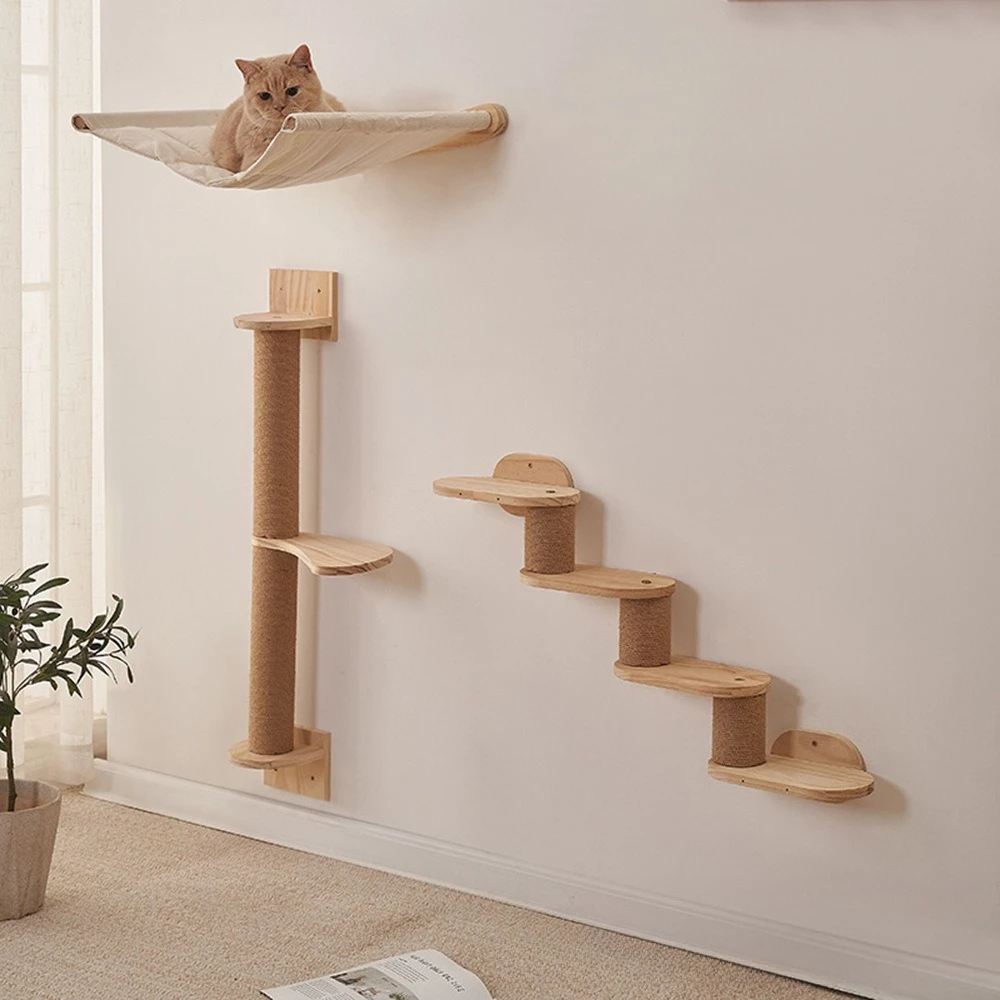 

Wall Mounted Wooden Cat Tree, Solid Wood Scratching Post with Cat Bed & Hammock, Rope Ladder Climbing Toy for Indoor Cats