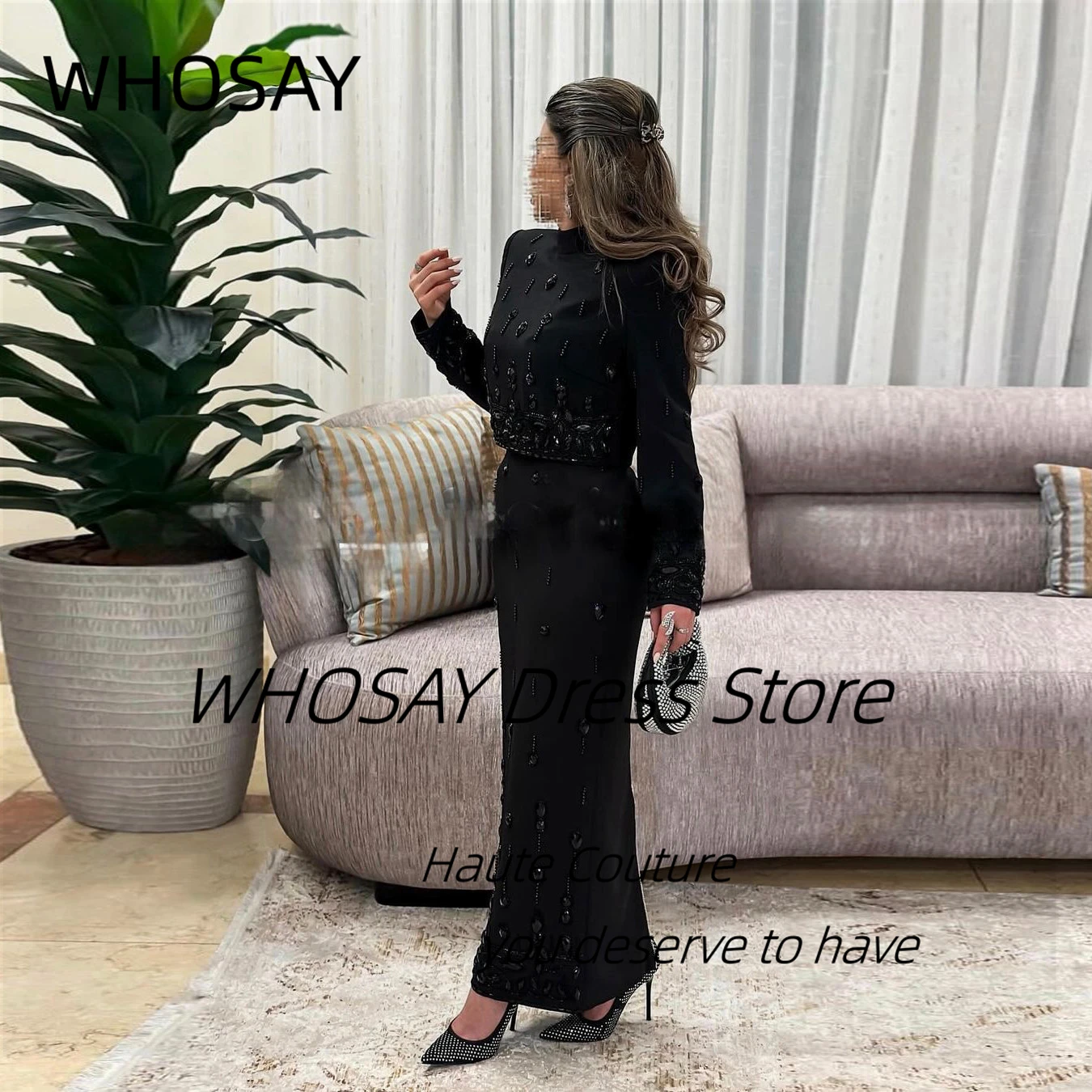 WHOSAY Two Pieces Black Prom Dresses Handmade Beading Luxury Ankle Length Evening Gowns Zipper Back Vestidos Des Fiesta