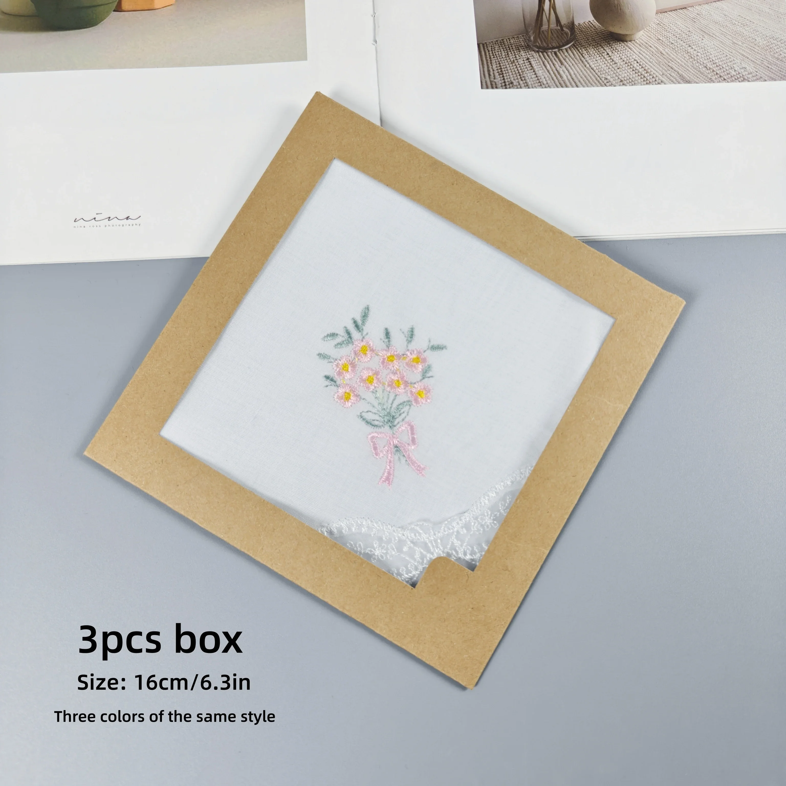 3 PCS Thin Pure White Cotton Embroidered Lace Handkerchiefs Gift Box, 28cm/11in, for Wedding & Home Decor
