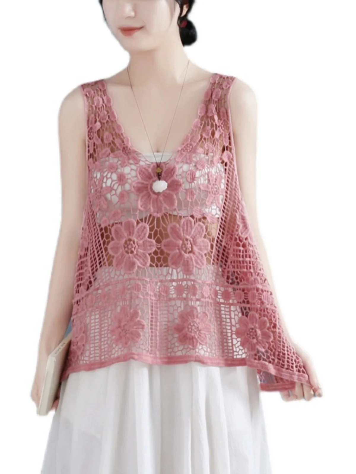 Sweet Summer Hook Flower Hollow Out Tops Sleeveless Knitted Vest Shirt V Neck Casual Women Loose Embroidery Blouse