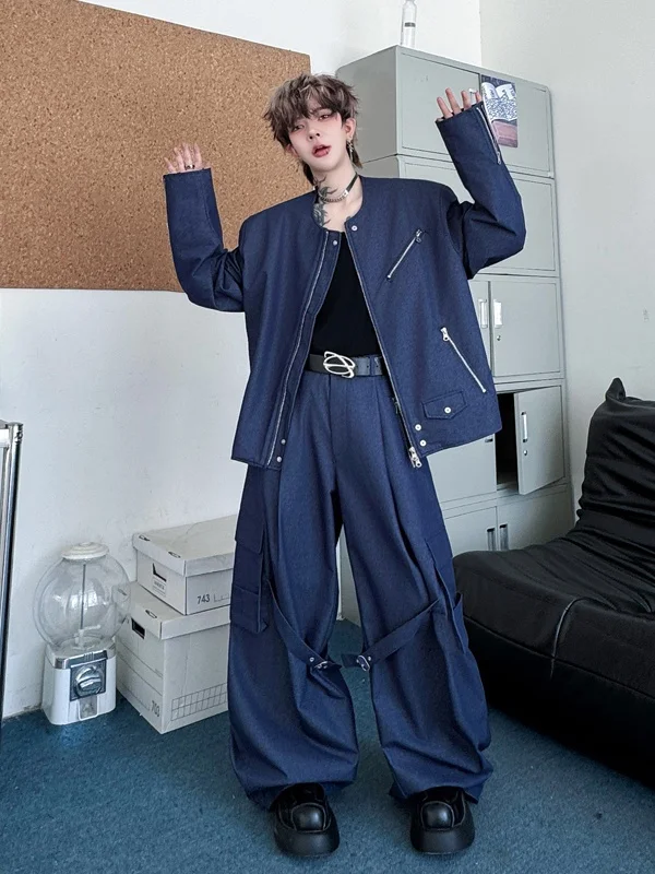 

Комплект TANGZ STUDIO: мужская джинсовая куртка и брюки с широкими штанинами, декорированные молниями, в стиле деконструктивизма, осенний модный костюм-двойка