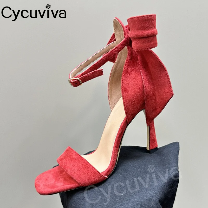 

New Suede Leather Mules Bowknot Decor High Heel Gladiator Sandals Women Square Toe Ankle Strap Party Shoes Ladies Summer Sandals