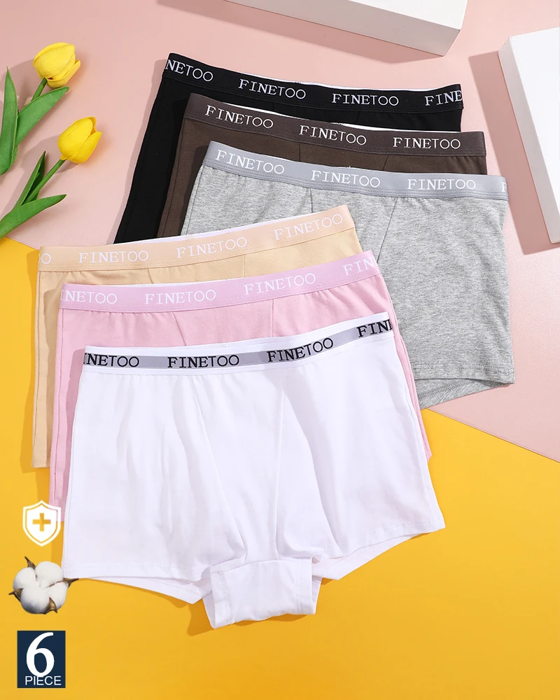 

FINETOO 6Pcs Women Cotton Breathable Panties Patchwork Soft Panty Mid Waisted Underpanties Four shorts Sexy Flat Corner Pants