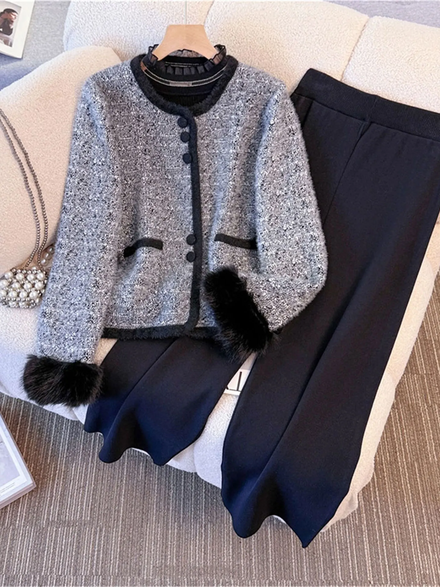 

Зимний комплект Faion, женское шерстяное пальто большого размера, базовые брюки с широкими штанинами, комплект футболок, роскошный комплект Feel Small Fraance Sle