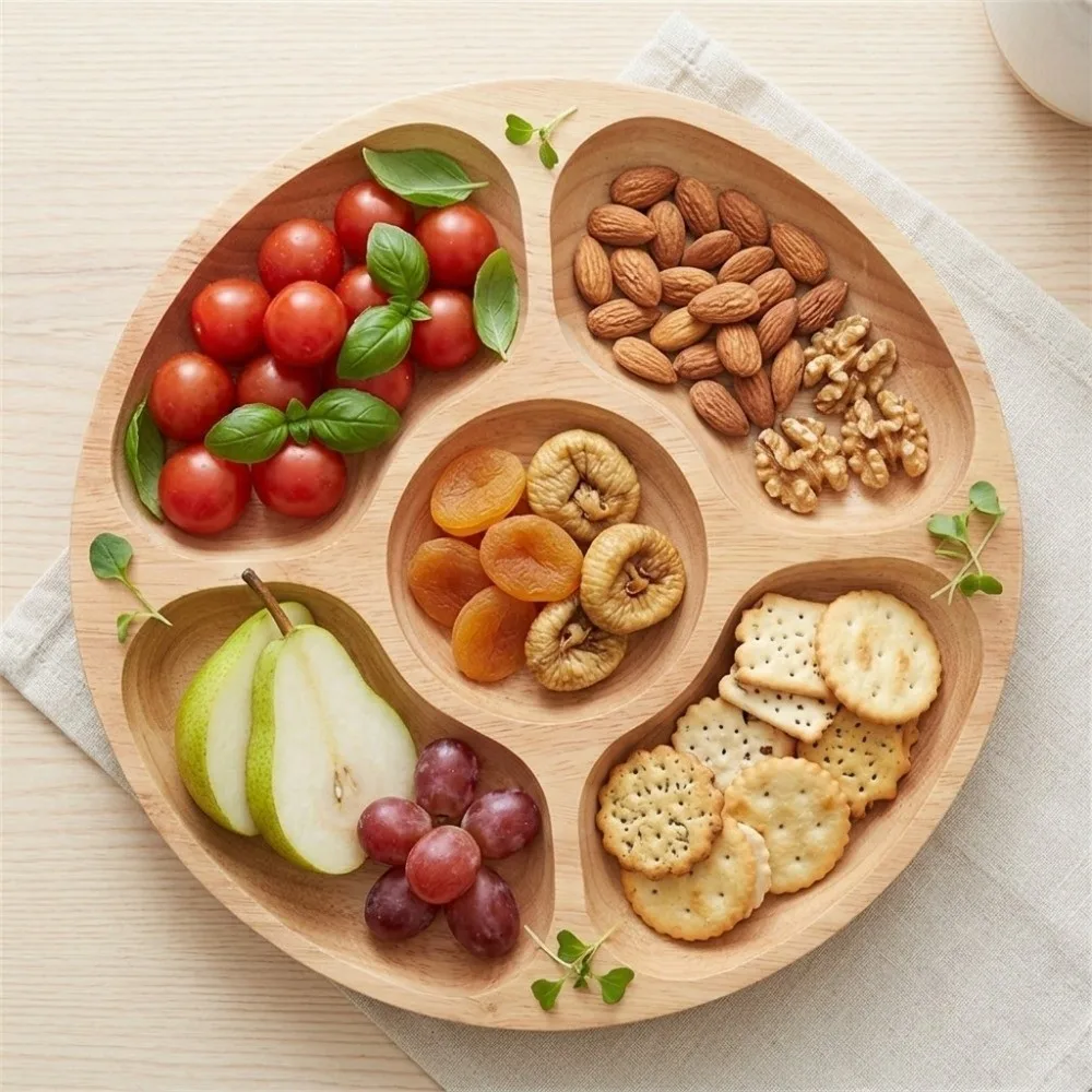 Classic Wood Divided Tray Multi Grid Separated Smooth Nut Serving Platter Thickened Round Tea Snack Tray Food Plating