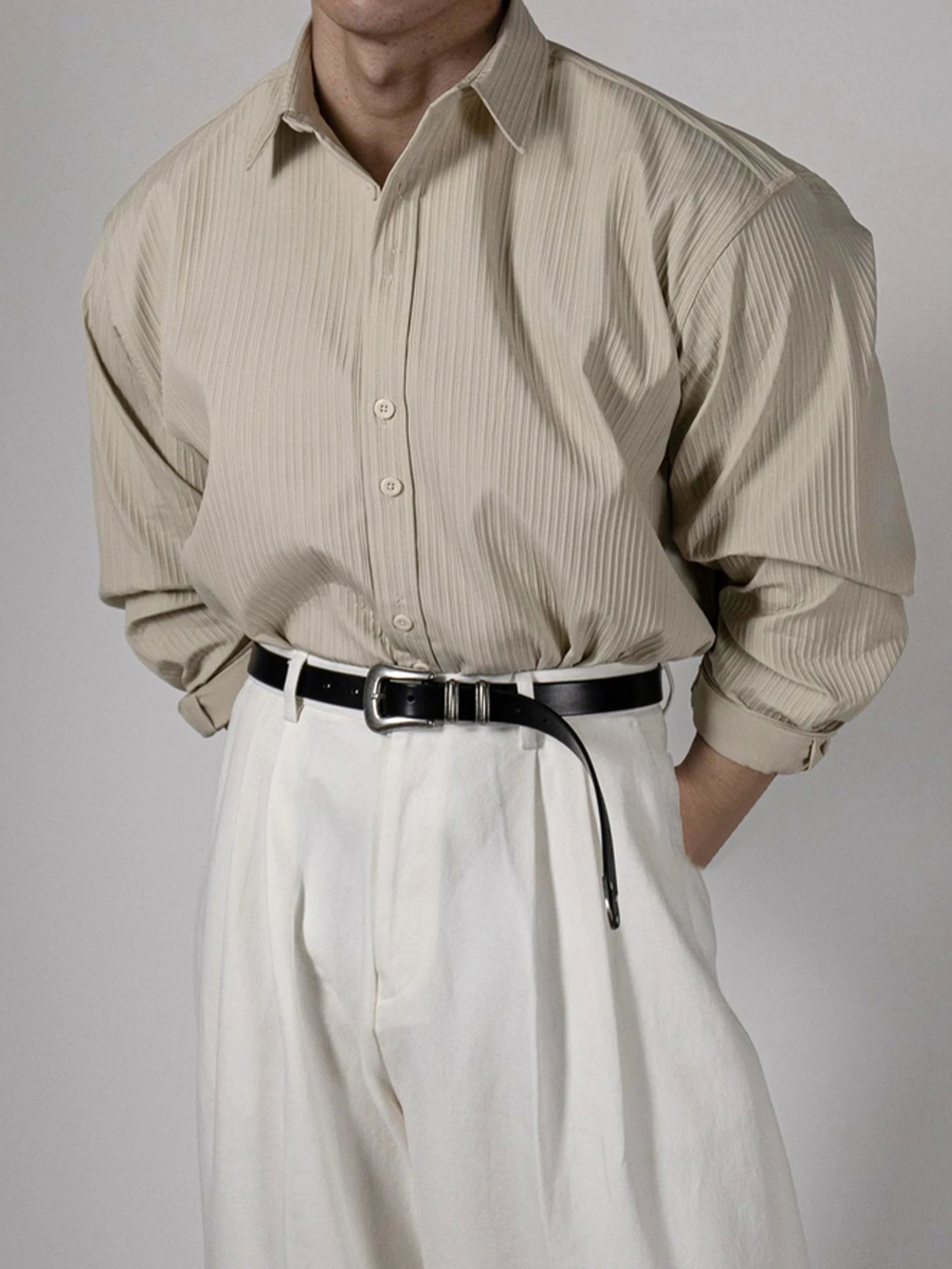 

Мужская повседневная рубашка Primas с длинным рукавом, легкий зрелый стиль, универсальный топ с текстурным полосатым узором, свободный крой, молодежный дизайн