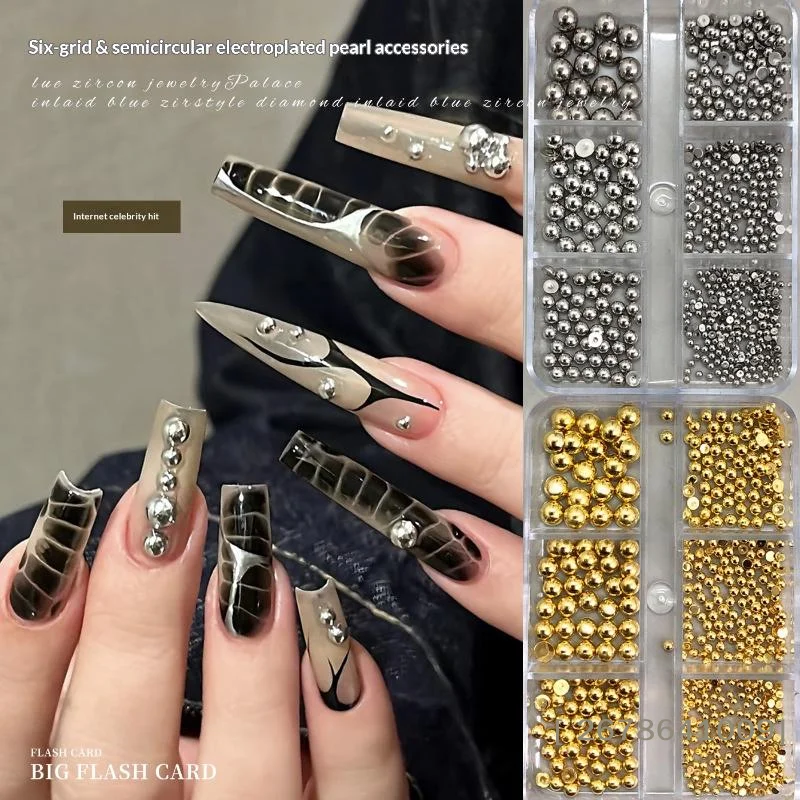 ⚑6 Grids Mixed Semi-circular Pearl Nail Charms Gold And Silver Manicure Accessories DIY Nail Salon Manicure Decoration