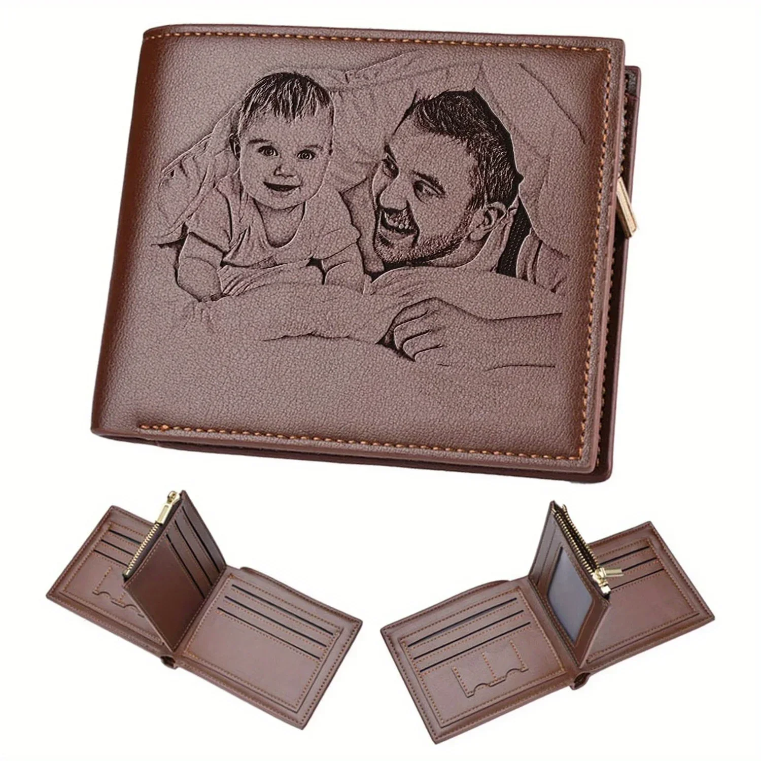 Portefeuille photo pour hommes gravé sur mesure |   Personnalisé avec nom et image |   Cadeau d'anniversaire et d'anniversaire idéal pour mari, papa, fils