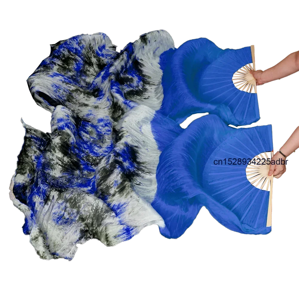 Tie Dye Real Silk Rayon Belly Dance Fan Veils Handmade Women Dance Accessory Blue Turquoise White 180X90Cm For Stage Performance