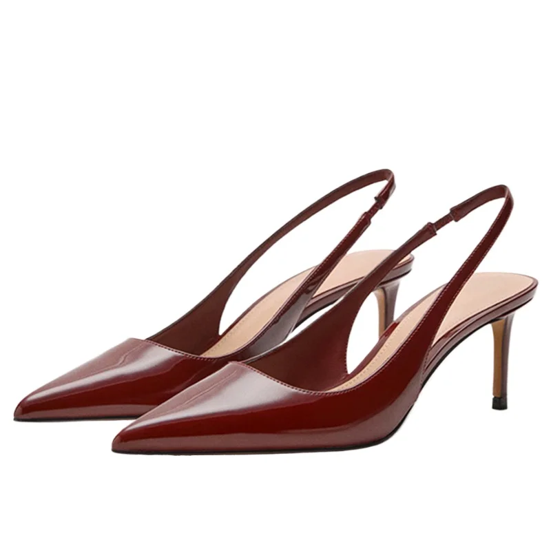

Elegant Patent Leather Slingbacks High Heels Women Sexy Pointed-Toe Burgundy Women's Pumps Fashion Wedding Heels for Ladies